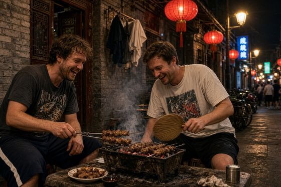 Late-night lamb skewers on a Beijing hutong street