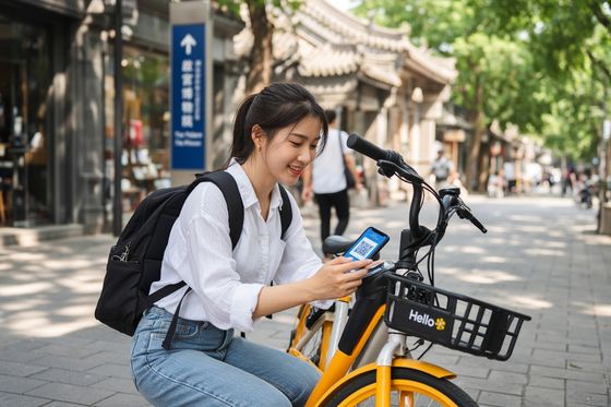 Unlocking a shared bike near the Forbidden City