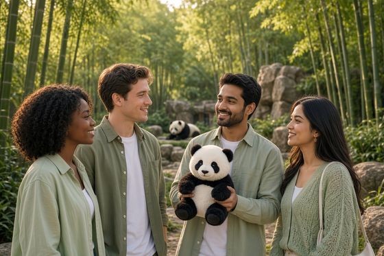 Travellers meeting a panda at the Chengdu breeding base