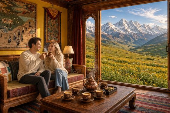Butter tea in a guesthouse looking out at snow mountains