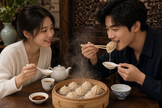 Eating soup dumplings, sipping the soup from the spoon